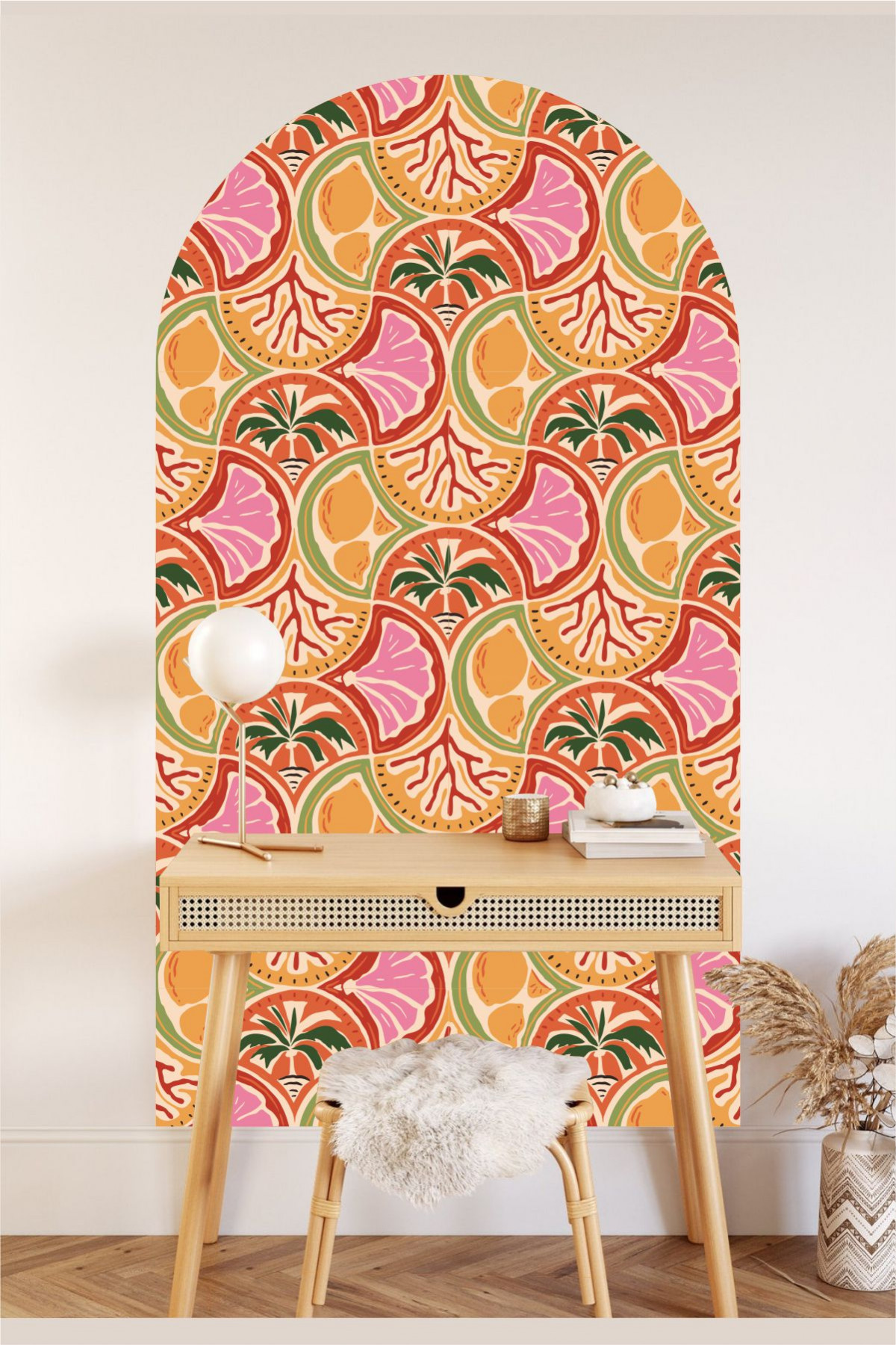 Renkli Narenciye Desenli Duvar Sticker – Retro Meyve Duvar Dekoru Bohem Oval