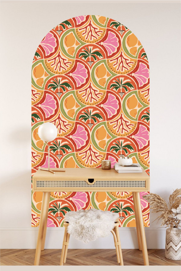 Renkli Narenciye Desenli Duvar Sticker – Retro Meyve Duvar Dekoru Bohem Oval