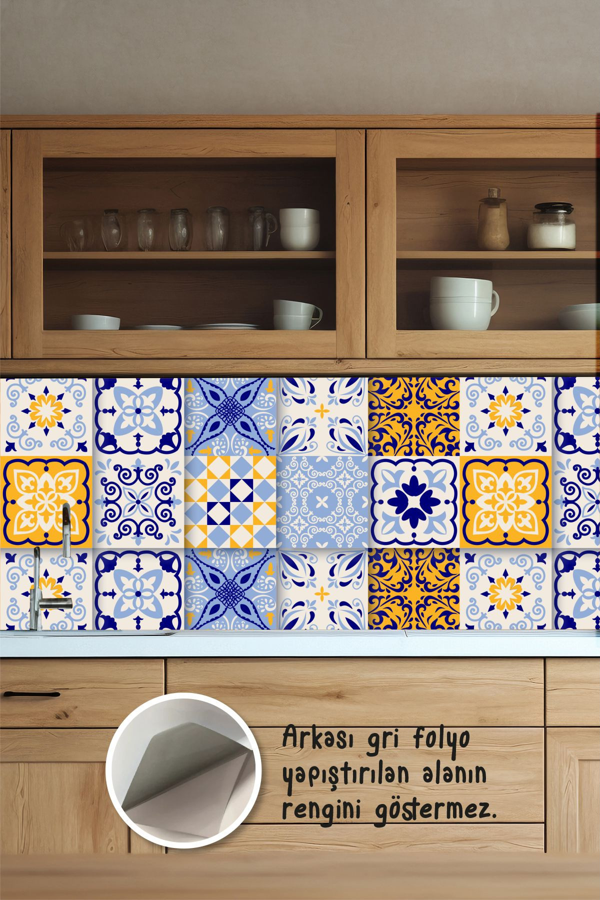 Patchwork Mavi Sarı Fayans Sticker – Kendinden Yapışkanlı Mutfak Tezgah Arası Kaplama 100x60 cm