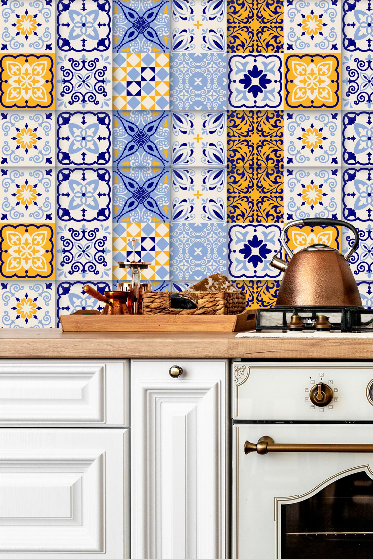 Patchwork Mavi Sarı Fayans Sticker – Kendinden Yapışkanlı Mutfak Tezgah Arası Kaplama 100x60 cm