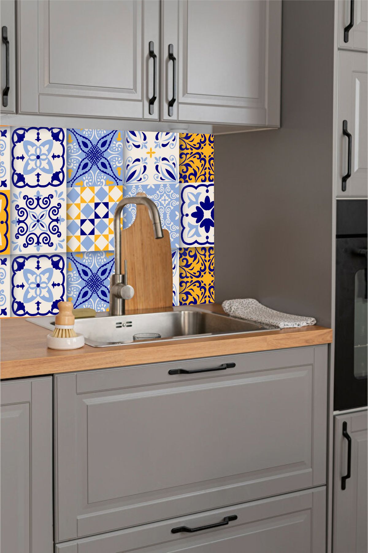 Patchwork Mavi Sarı Fayans Sticker – Kendinden Yapışkanlı Mutfak Tezgah Arası Kaplama 100x60 cm