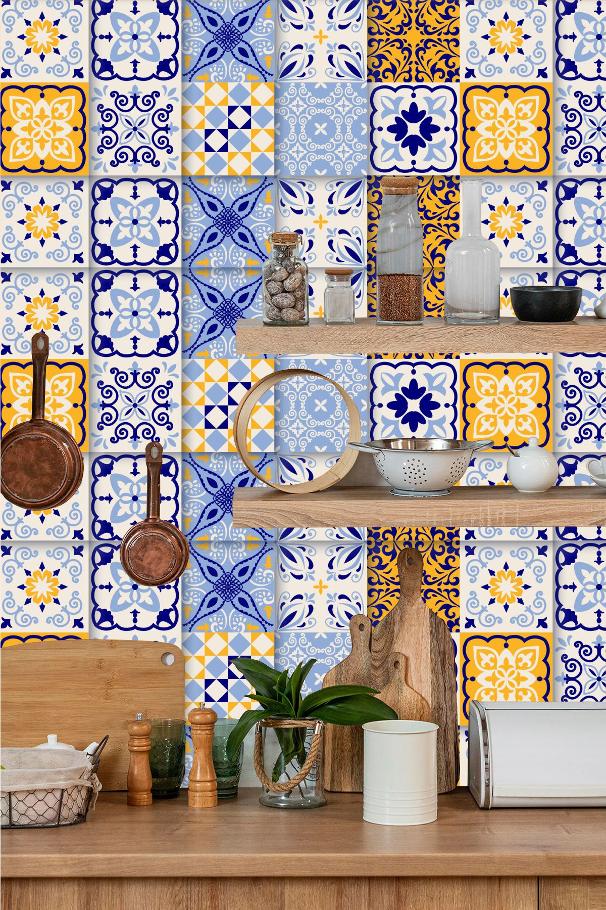 Patchwork Mavi Sarı Fayans Sticker – Kendinden Yapışkanlı Mutfak Tezgah Arası Kaplama 100x60 cm