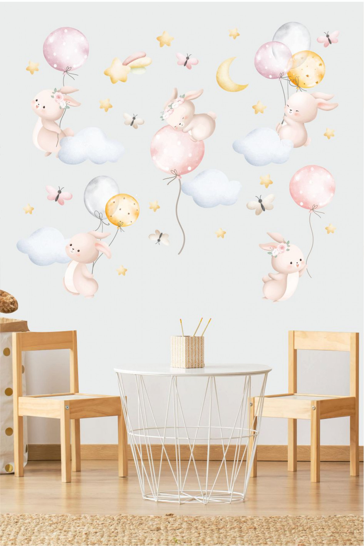 Balonlu Sevimli Tavşanlar Duvar Sticker Seti, Çocuk ve Bebek Odası Sticker
