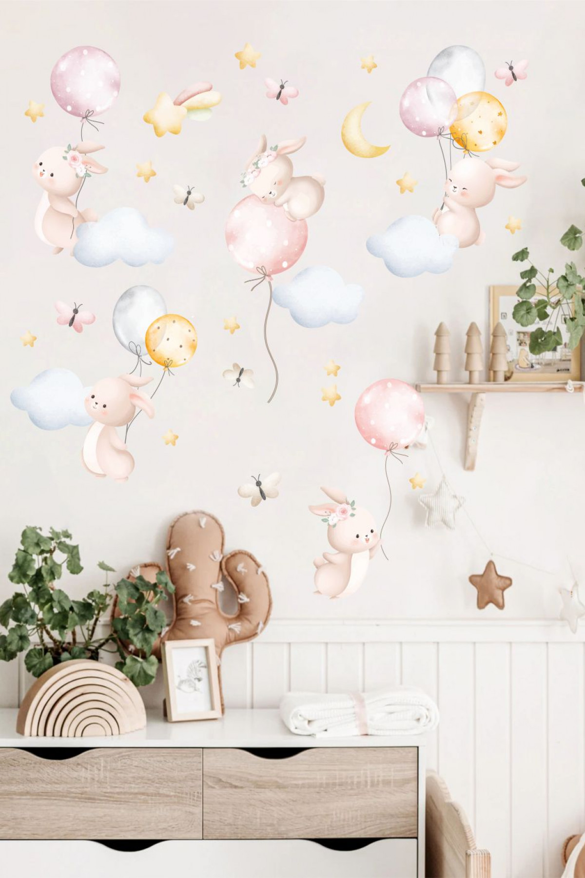 Balonlu Sevimli Tavşanlar Duvar Sticker Seti, Çocuk ve Bebek Odası Sticker