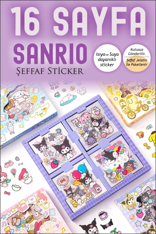 16 Sayfa Şeffaf Kuromi Sanrio Su Geçirmez Sticker - My Melody Hello Kitty Cinnamoroll Etiket Seti 16 Sayfa Şeffaf Kuromi Sanrio Su Geçirmez Sticker - My Melody Hello Kitty Cinnamoroll Etiket Seti