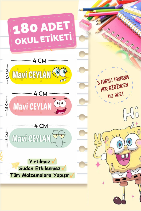 Sünger Bob ve Arkadaşları Okul Etiketi Kalem Defter Etiketi