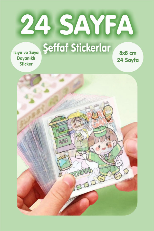 24 Sayfa Kawaii Şeffaf Suya Dayanıklı Sticker Seti- Yeşil Set 24 Sayfa Kawaii Şeffaf Suya Dayanıklı Sticker Seti- Yeşil Set