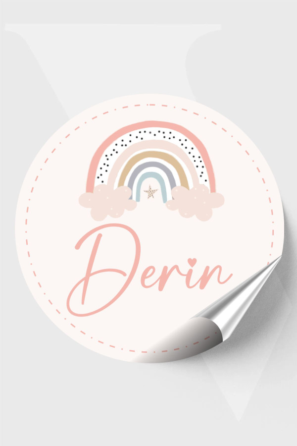 Pembe Gökkuşağı Bebek Etiketi Doğum günü Etiketi 4x4 cm 96 Adet