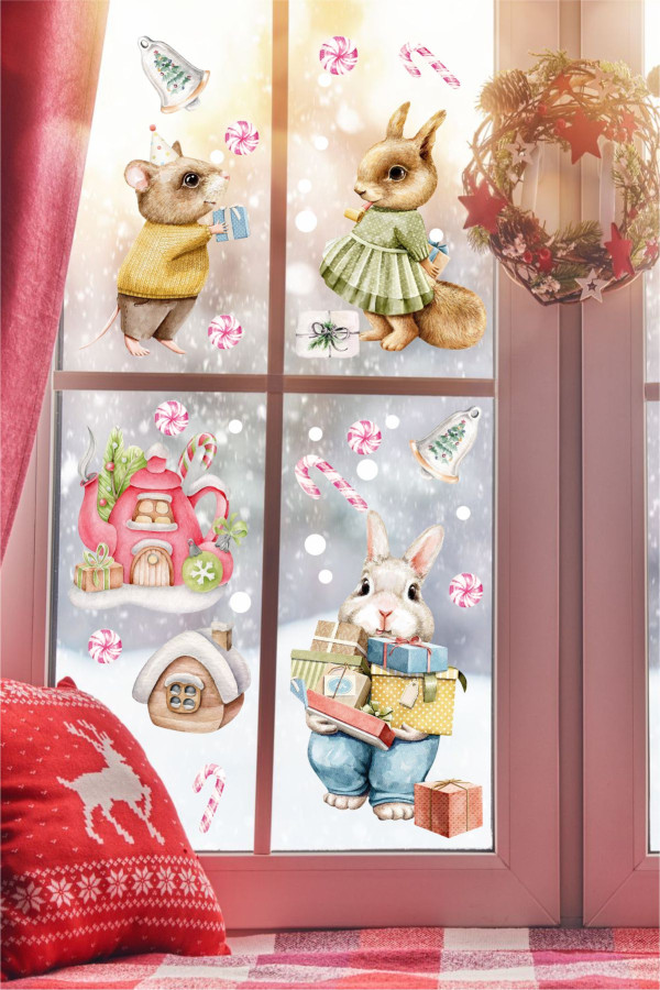 Sevimli  Sincap ve Ailesi Yılbaşı Etiketleri, Cam Yılbaşı, Duvar Yılbaşı Etiketi