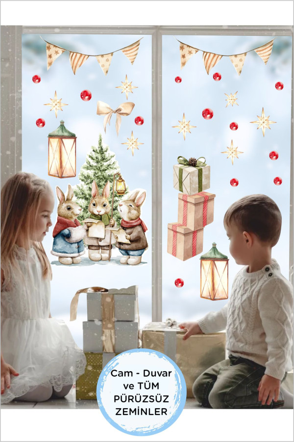 Sevimli Tavşanların Yılbaşı Günü Cam, Duvar Sticker