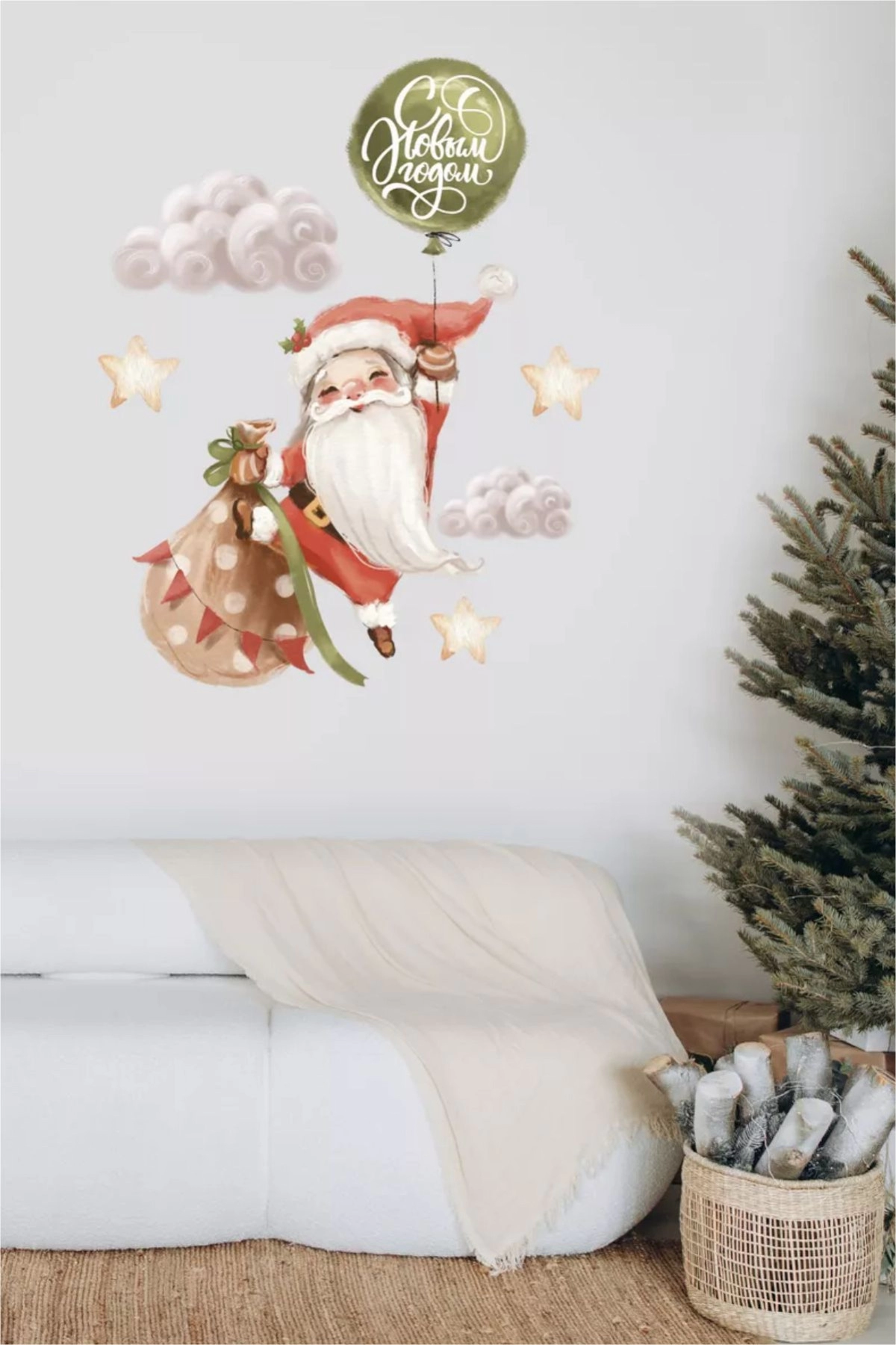 Balonlu Noel Baba Cam ve Duvar Sticker, Yeni yıl Sticker