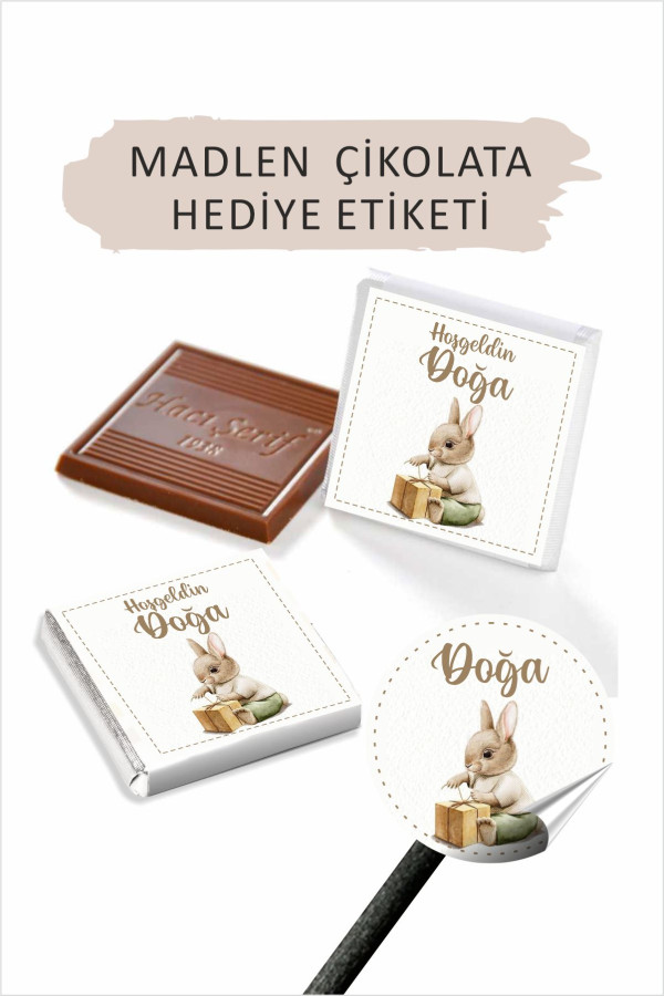 Hediyeli Tavşan Bebek Etiketi- Doğum günü Etiketi 4x4 cm 96 Adet