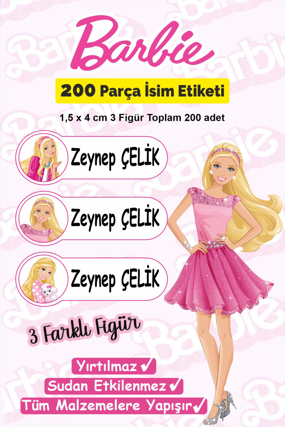 Barbie Okul Etiketi Kalem Defter Etiketi Özel İsim Yazılabilen Etiket 200 Adet