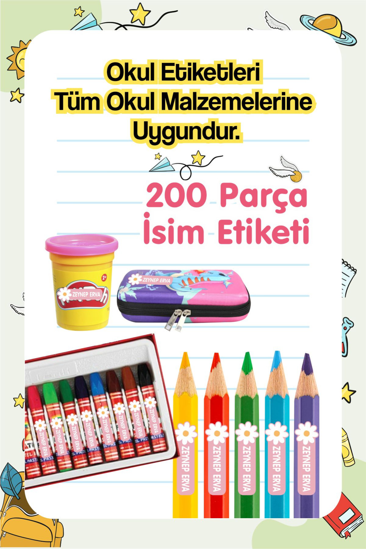 Okul Etiketi Kalem Defter Etiketi Özel Isim Yazılabilen Etiket 200 Adet - Papatya