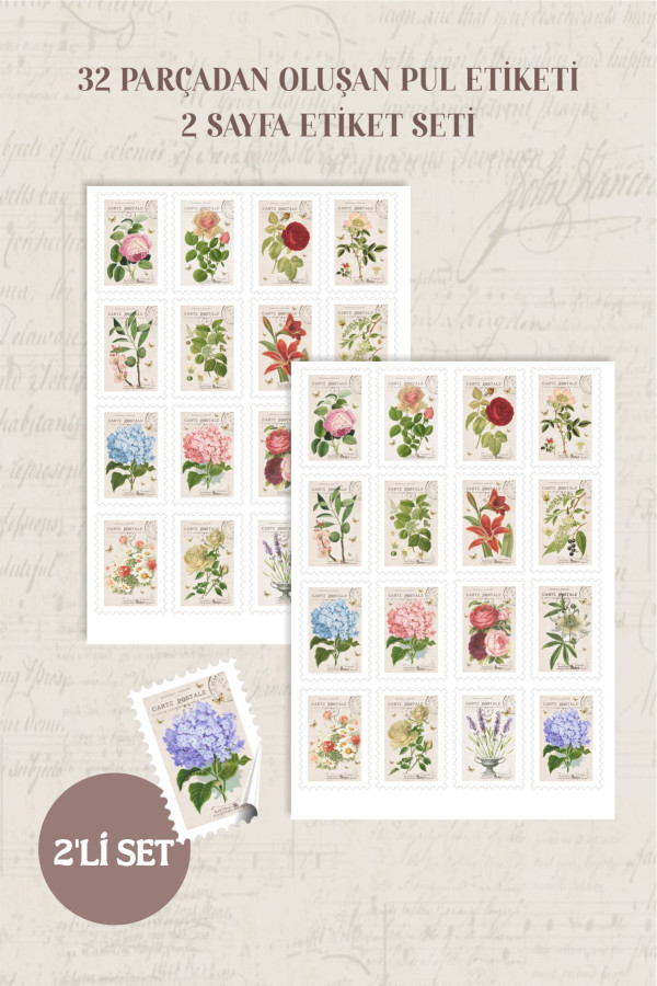 Vintage Flowers Pul Etiketi 32 Parça - 2 Sayfa