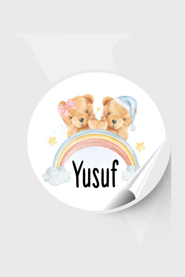 İsimli Bebek Etiketi- Doğum günü Etiketi 4x4 cm 96 Adet - Gökkuşaklı Ayıcık