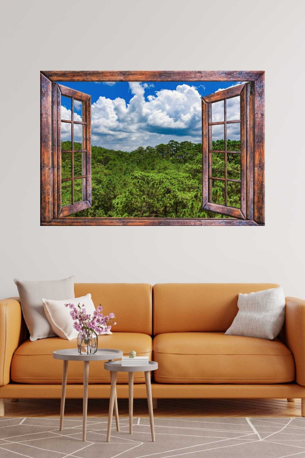 Ahşap Pencereli 3 Boyutlu Manzara Sticker