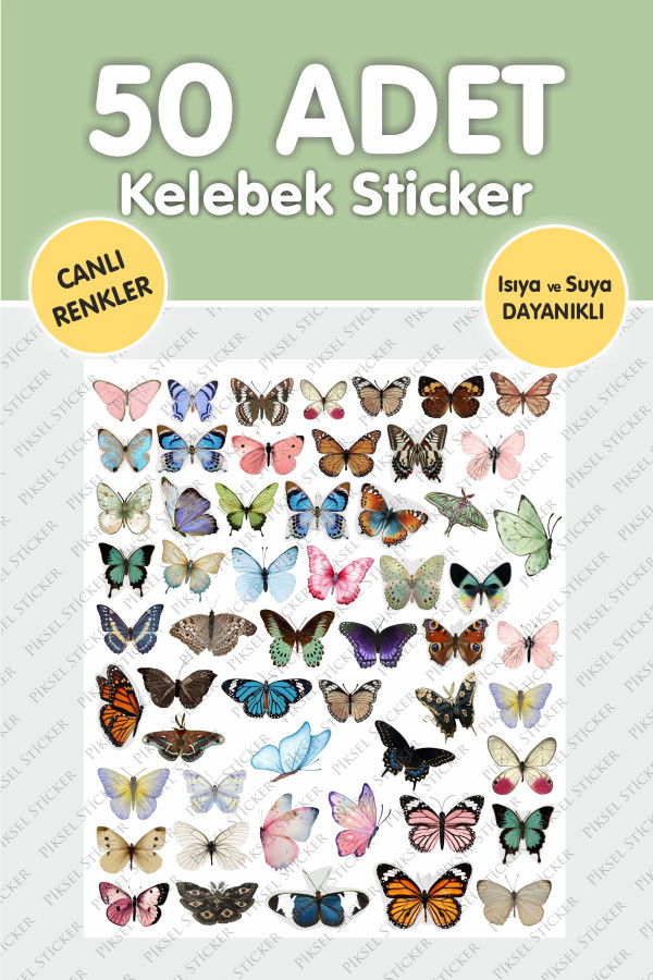 Kelebek 50 Adet Çıkartma Sticker Seti - Kalem, Laptop Defter Suluk Sticker