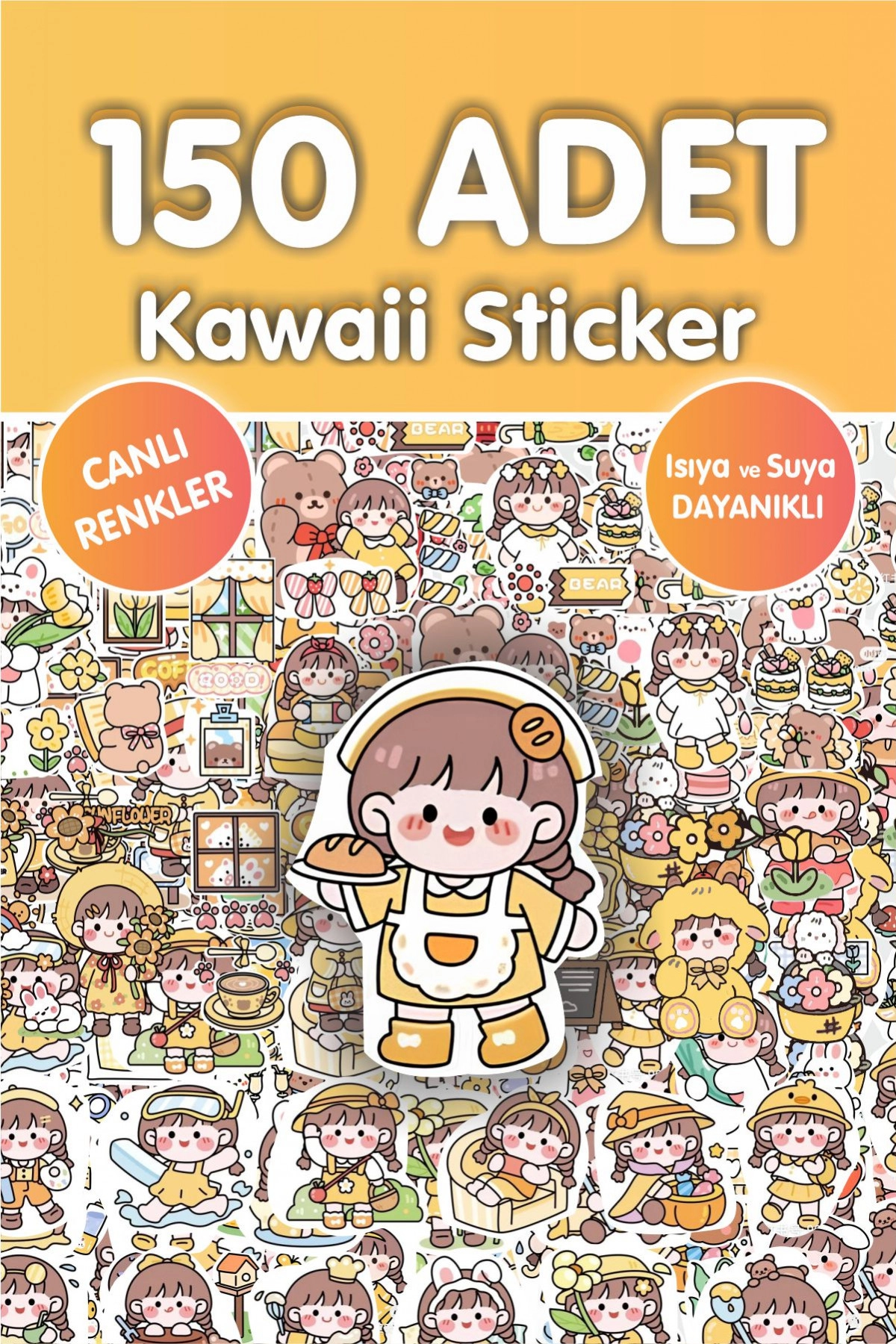 Kawaii Sarı 150 Adet Anime Çıkartma Sticker Seti - Kalem, Laptop Defter Suluk Sticker