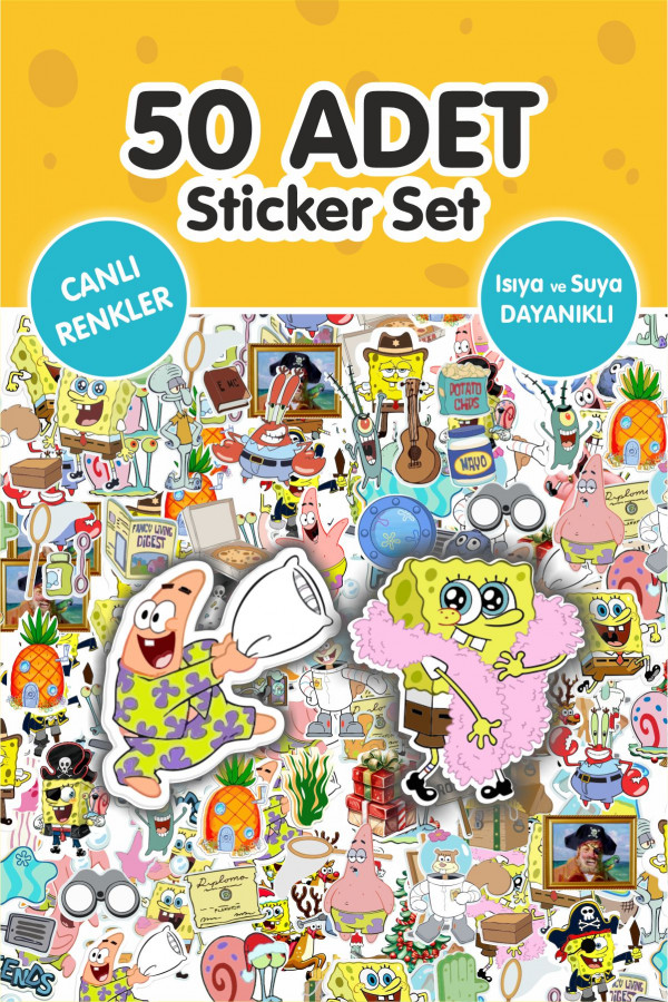Süngerbob 50 Adet Çıkartma Sticker Seti - Kalem, Laptop Defter Suluk