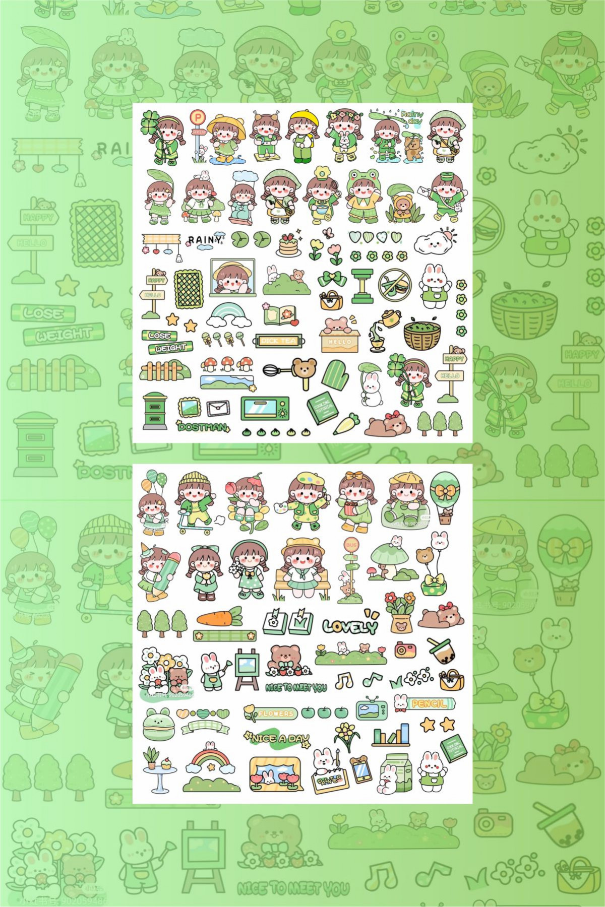 Kawaii Yeşil Renk 110 Adet Anime Çıkartma Sticker Seti - Kalem, Laptop Defter Suluk Sticker