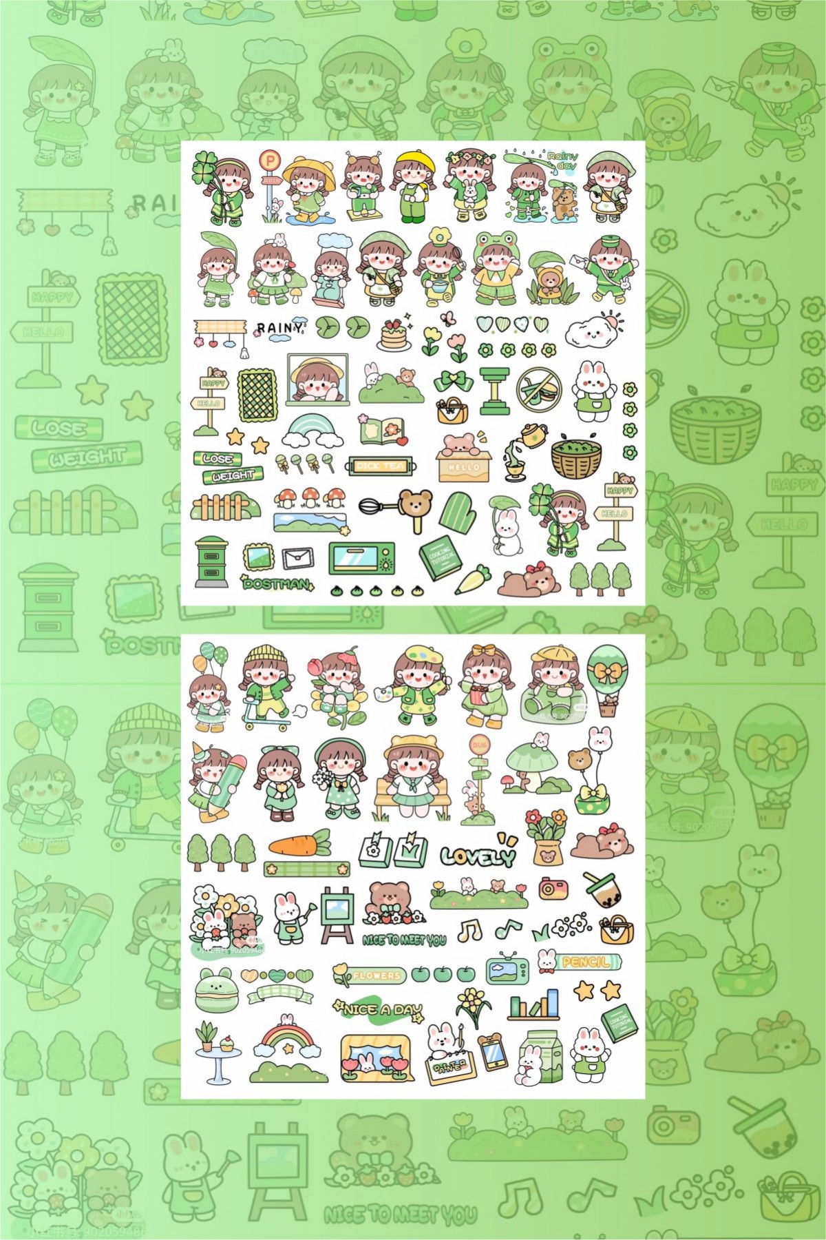 Kawaii Yeşil Renk 110 Adet Anime Çıkartma Sticker Seti - Kalem, Laptop Defter Suluk Sticker