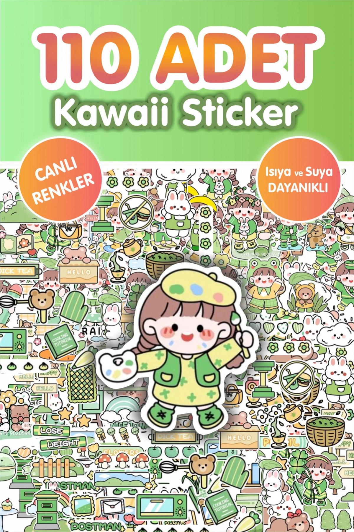Kawaii Yeşil Renk 110 Adet Anime Çıkartma Sticker Seti - Kalem, Laptop Defter Suluk Sticker