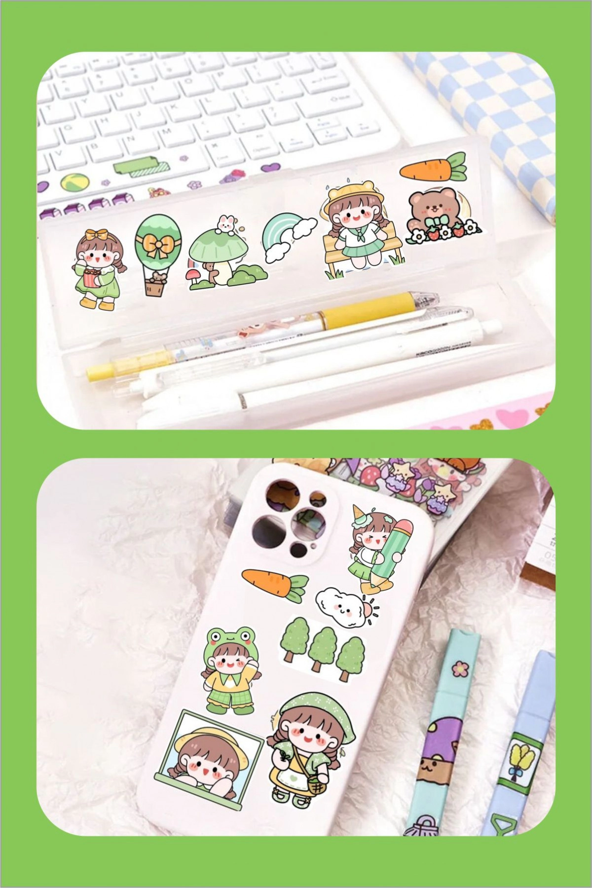 Kawaii Yeşil Renk 110 Adet Anime Çıkartma Sticker Seti - Kalem, Laptop Defter Suluk Sticker