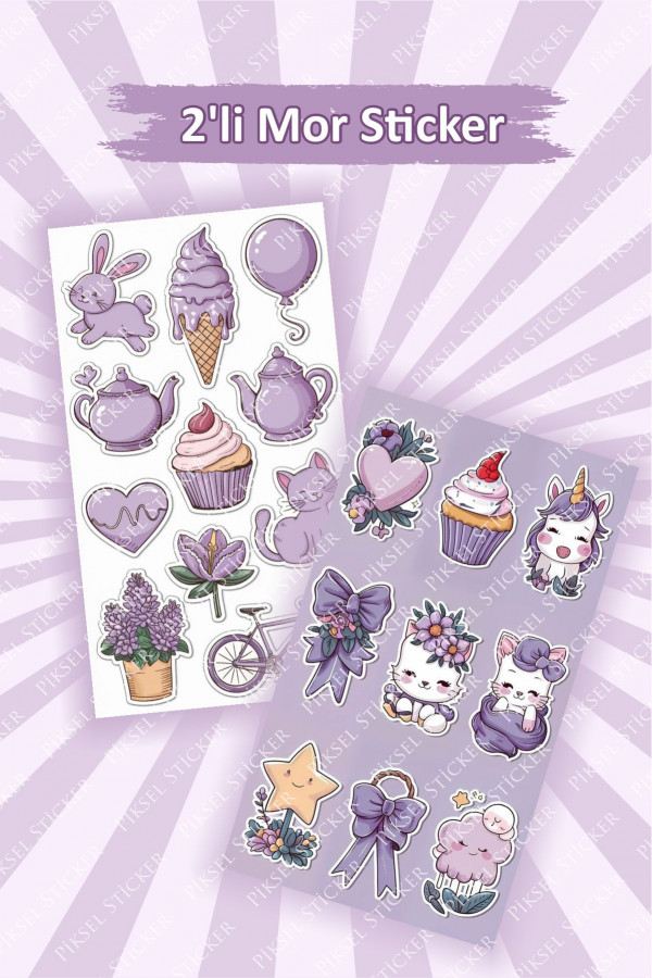 Mor Sevimli 2'li Çıkartma Sticker Seti 10x15 cm - Laptop, Defter, Planlayıcı, Ajanda Sticker