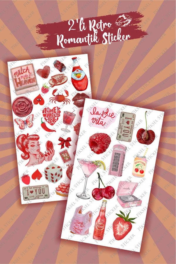 Romantik 2'li Çıkartma Sticker Seti 10x15 cm - Laptop, Defter, Planlayıcı, Ajanda Sticker