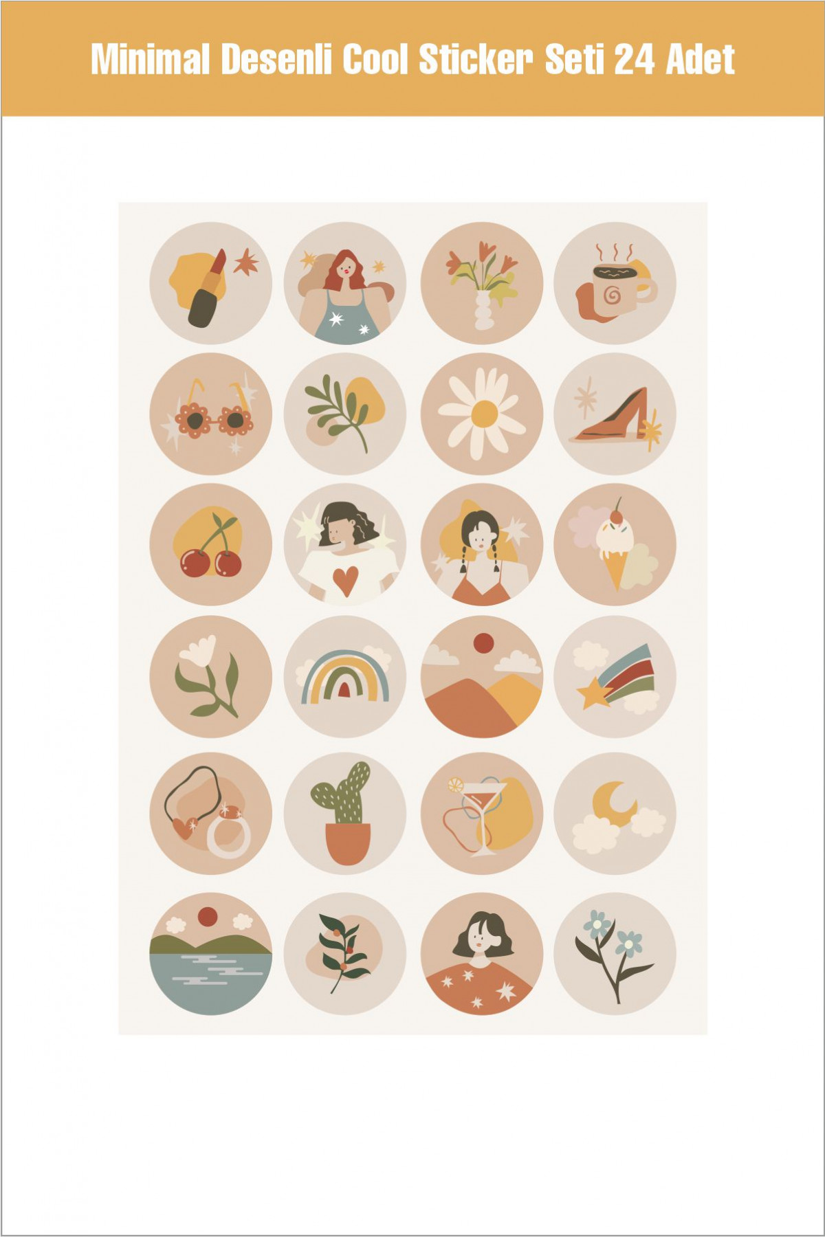 Minimal Desenli Cool Sticker Seti 24 Adet
