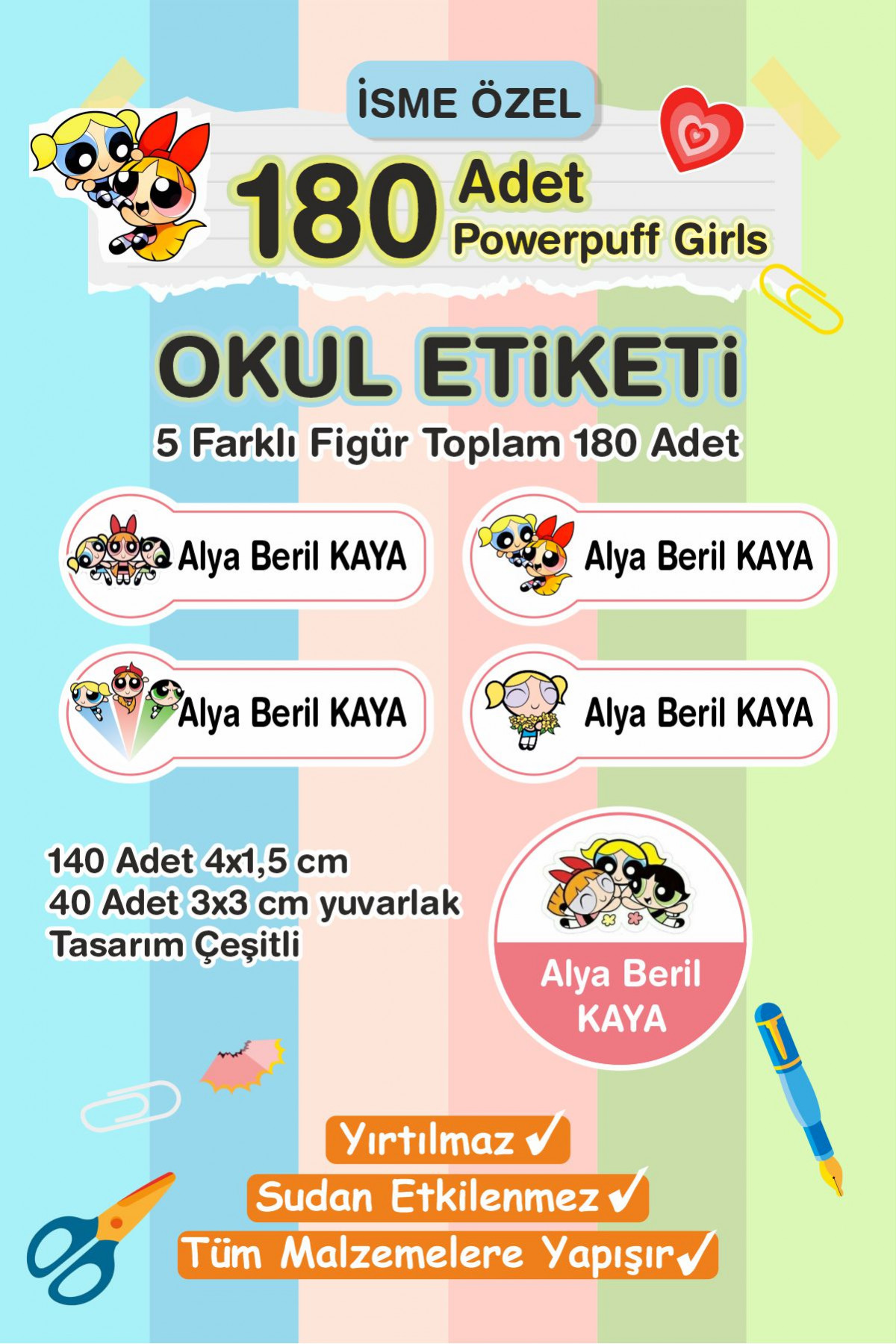 Powerpuff Girls İsme Özel Etiket Kalem, defter, suluk etiketi 180 adet