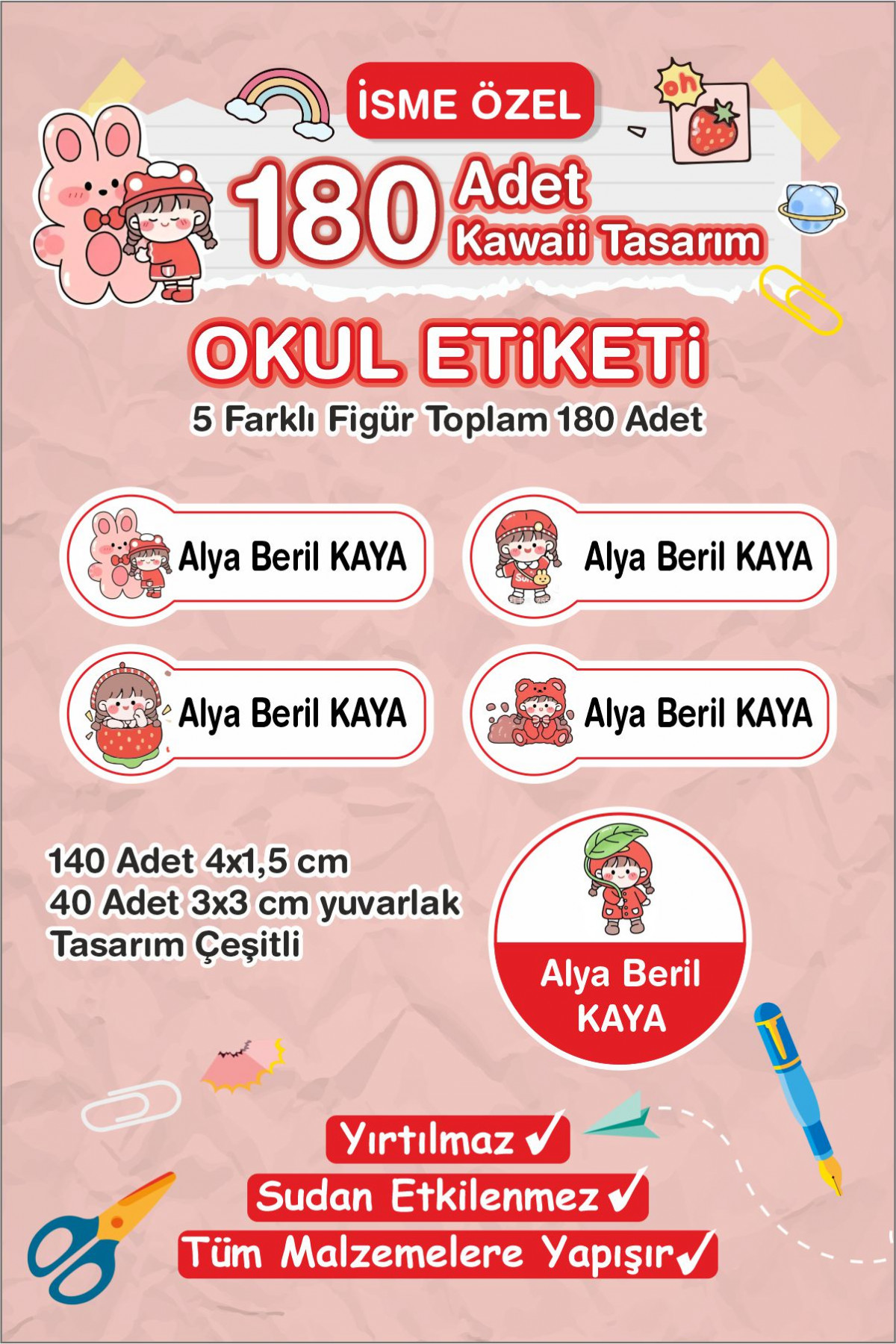 Kawaii İsme Özel Etiket Kalem, defter, suluk etiketi 180 adet - Kırmızı