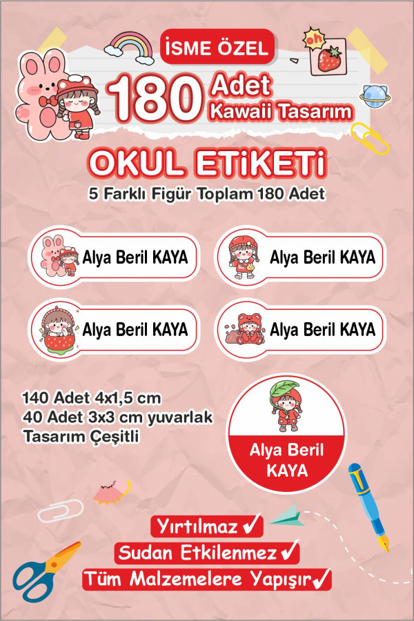 Kawaii İsme Özel Etiket Kalem, defter, suluk etiketi 180 adet - Kırmızı Kawaii İsme Özel Etiket Kalem, defter, suluk etiketi 180 adet - Kırmızı