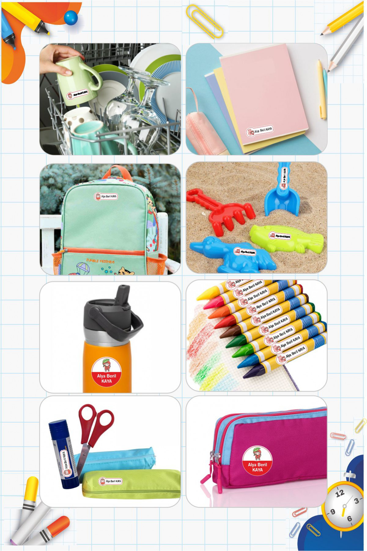 Kawaii İsme Özel Etiket Kalem, defter, suluk etiketi 180 adet - Kırmızı