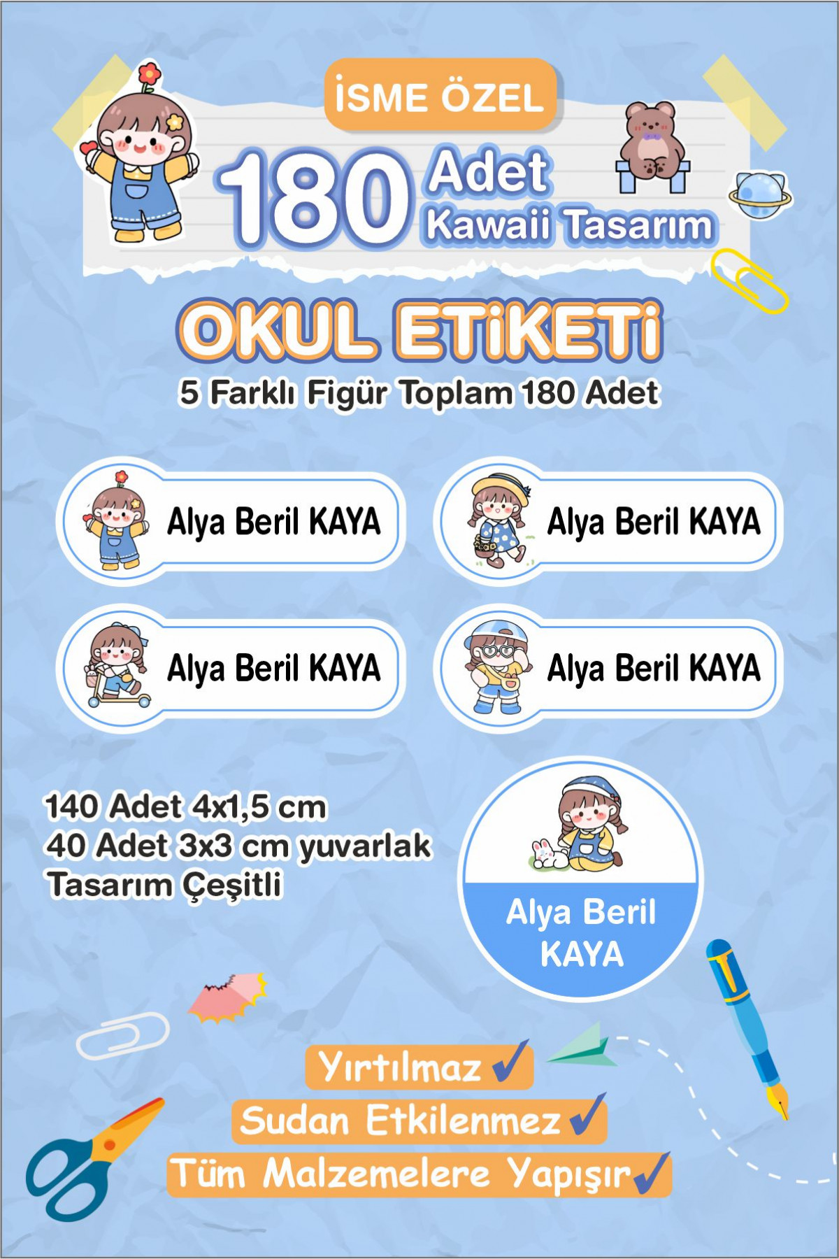 Kawaii İsme Özel Etiket Kalem, defter, suluk etiketi 180 adet - Mavi