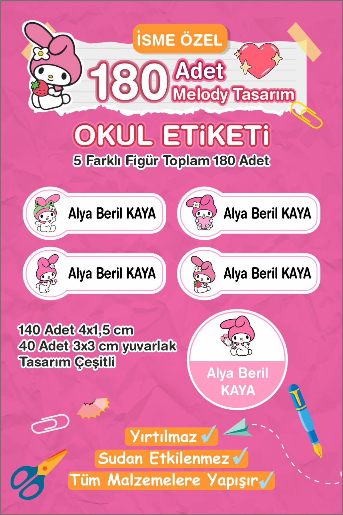 Melody İsme Özel Etiket Kalem, defter, suluk etiketi 180 adet