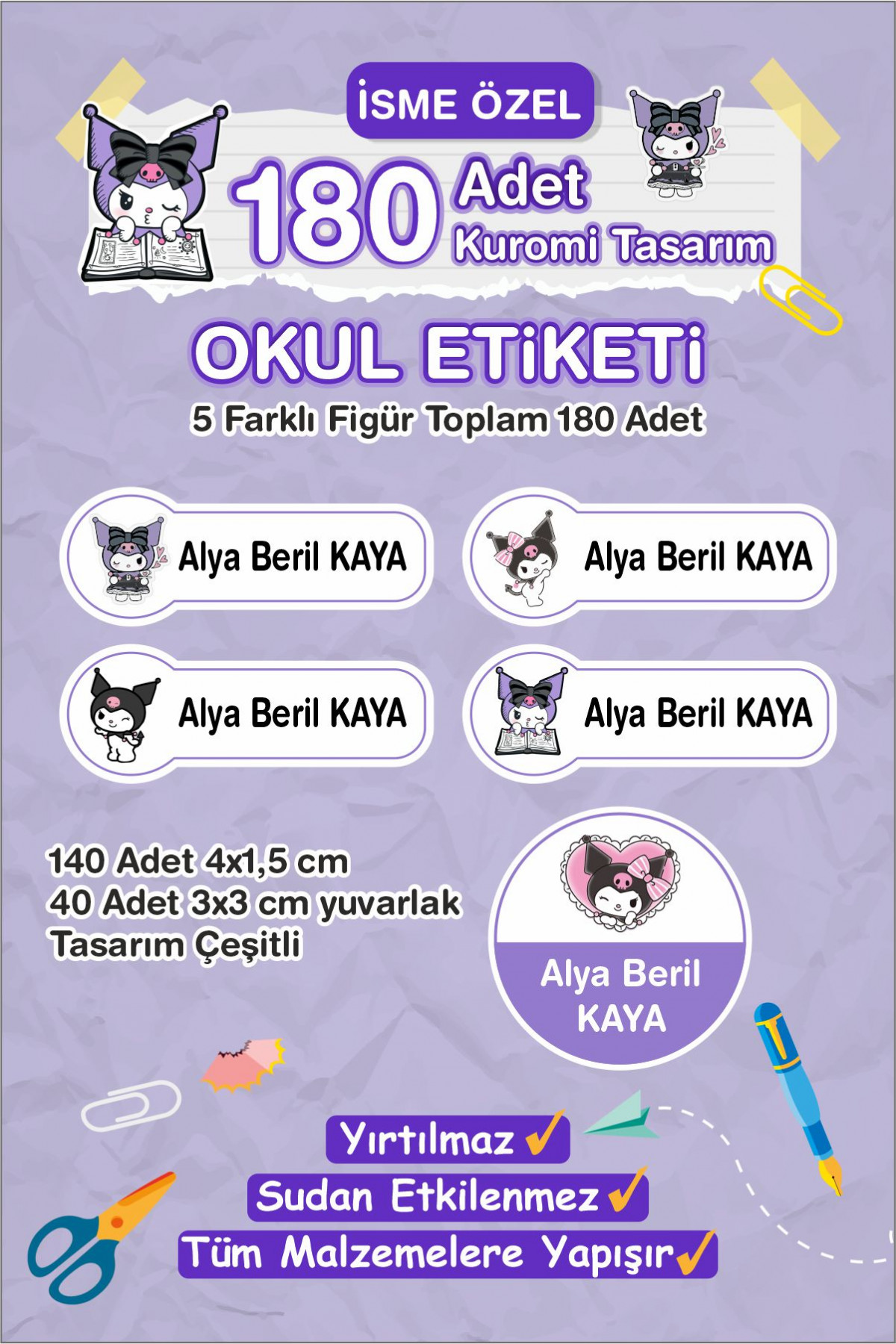 Kuromi İsme Özel Etiket Kalem, defter, suluk etiketi 180 adet