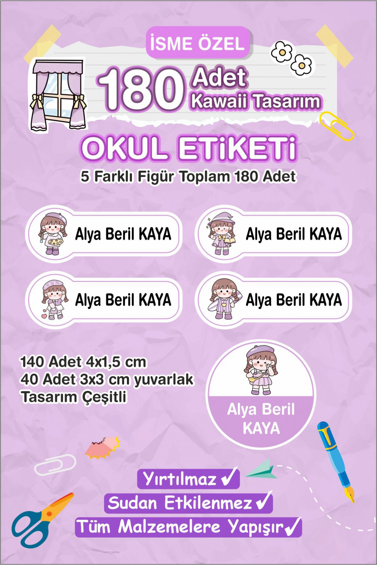Kawaii İsme Özel Etiket Kalem, defter, suluk etiketi 180 adet - Mor