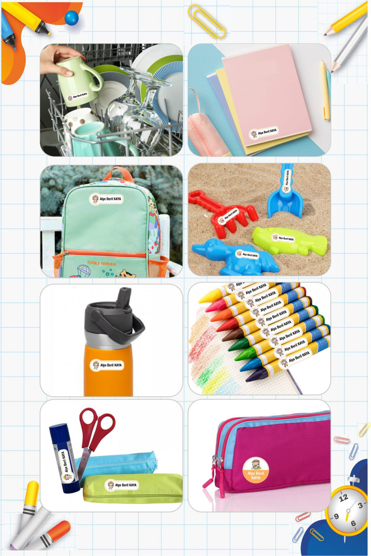 Kawaii İsme Özel Etiket Kalem, defter, suluk etiketi 180 adet - Sarı