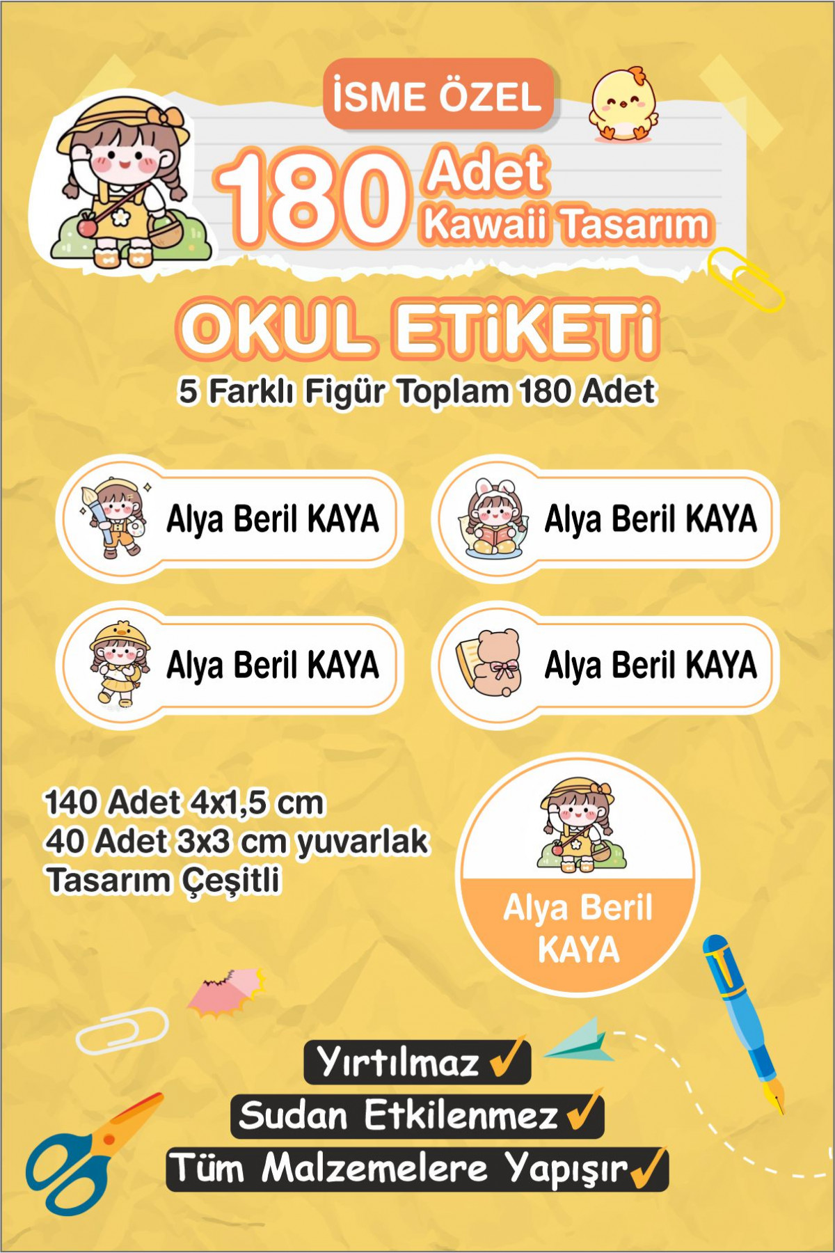 Kawaii İsme Özel Etiket Kalem, defter, suluk etiketi 180 adet - Sarı