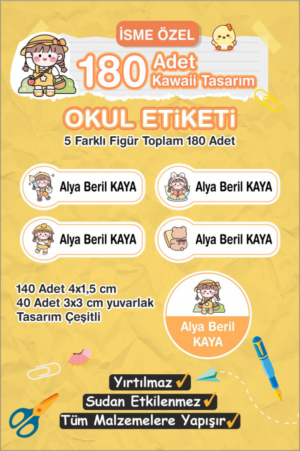 Kawaii İsme Özel Etiket Kalem, defter, suluk etiketi 180 adet - Sarı Kawaii İsme Özel Etiket Kalem, defter, suluk etiketi 180 adet - Sarı