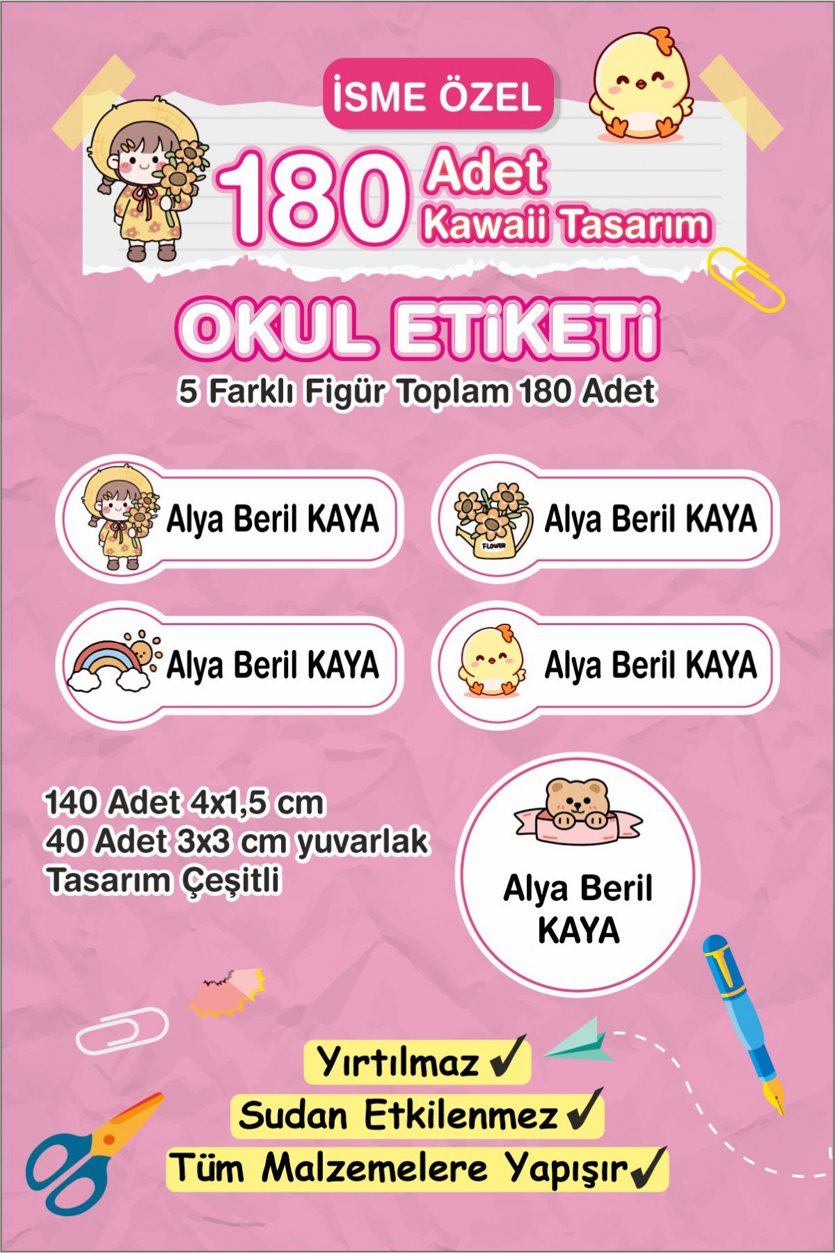 Kawaii İsme Özel Etiket Kalem, defter, suluk etiketi 180 adet