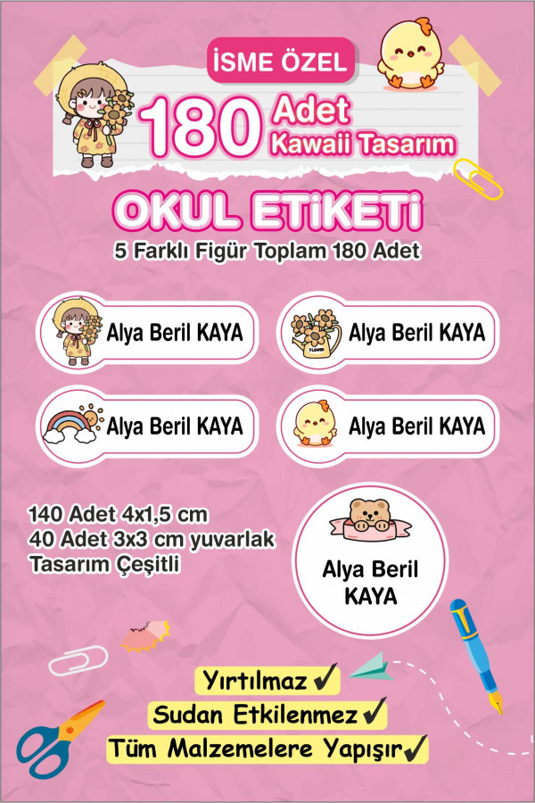 Kawaii İsme Özel Etiket Kalem, defter, suluk etiketi 180 adet Kawaii İsme Özel Etiket Kalem, defter, suluk etiketi 180 adet