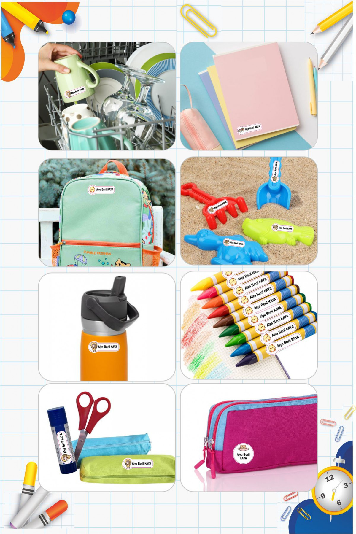 Kawaii İsme Özel Etiket Kalem, defter, suluk etiketi 180 adet