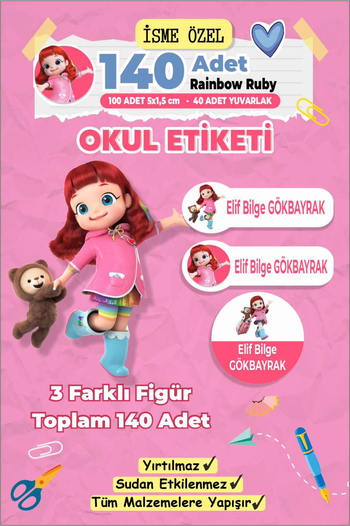 Rainbow Ruby İsme Özel Etiket Kalem, defter, suluk etiketi 140 adet