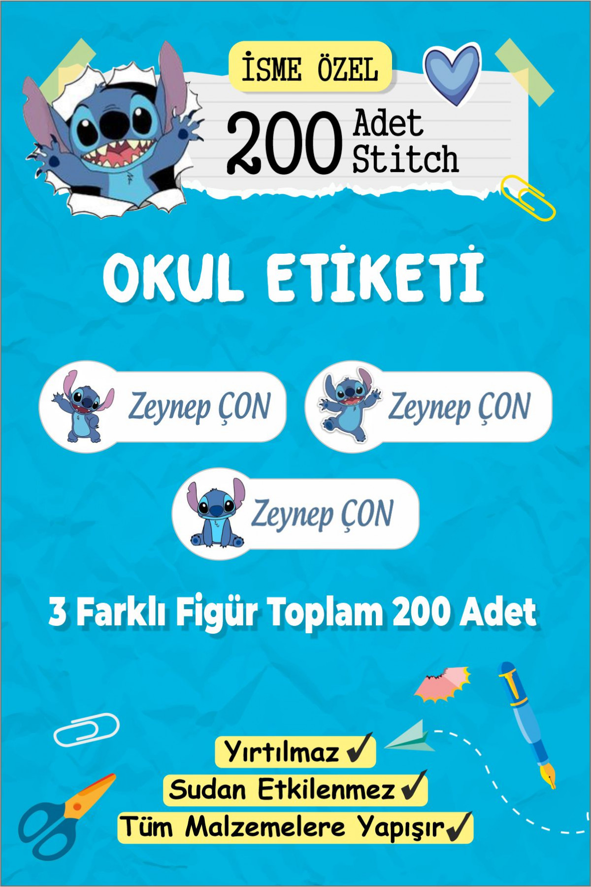 Stitch İsme Özel Etiket Kalem, defter, suluk etiketi 200 adet