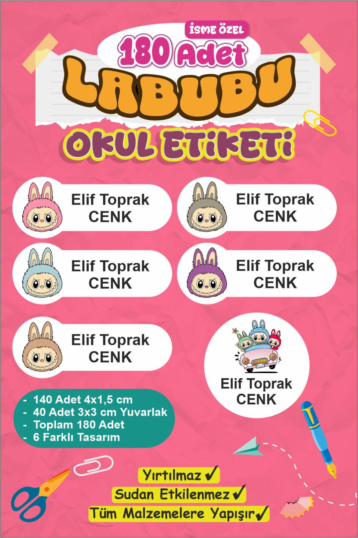 LABUBU İsme Özel Etiket Kalem, defter, suluk etiketi 180 adet