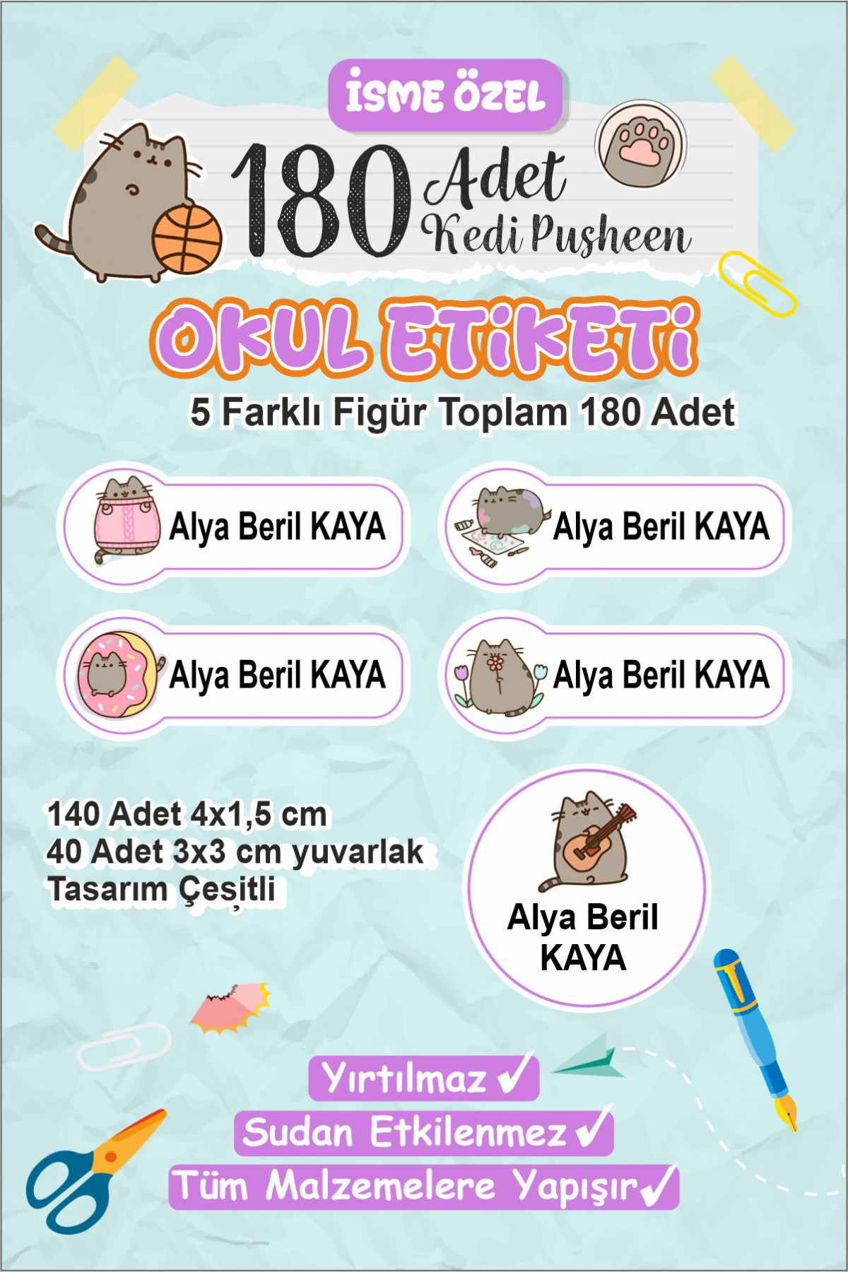 Pusheen Kedi İsme Özel Etiket Kalem, defter, suluk etiketi 180 adet