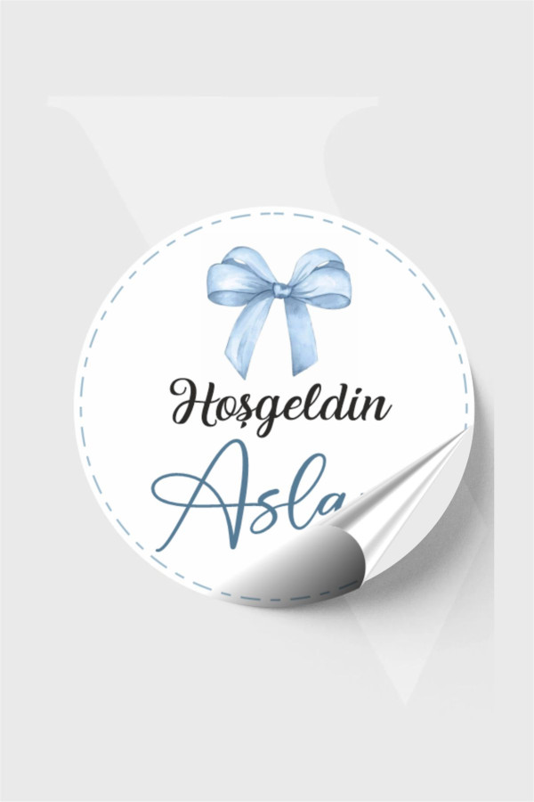 Mavi Kurdele Bebek Etiketi, Baby Shower, Doğum günü, Hoşgeldin Etiketi 4x4 cm 96 Adet